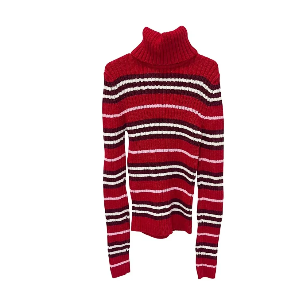 Vintage Energie Y2K Red Striped Ribbed Turtleneck Sweater Womens Medium‎ Cotton